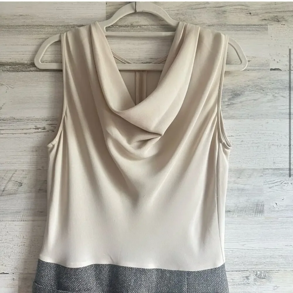Escada‎ Classic Silk Tweed Shift Midi Dress Side Slit Sz 8 Beige Grey